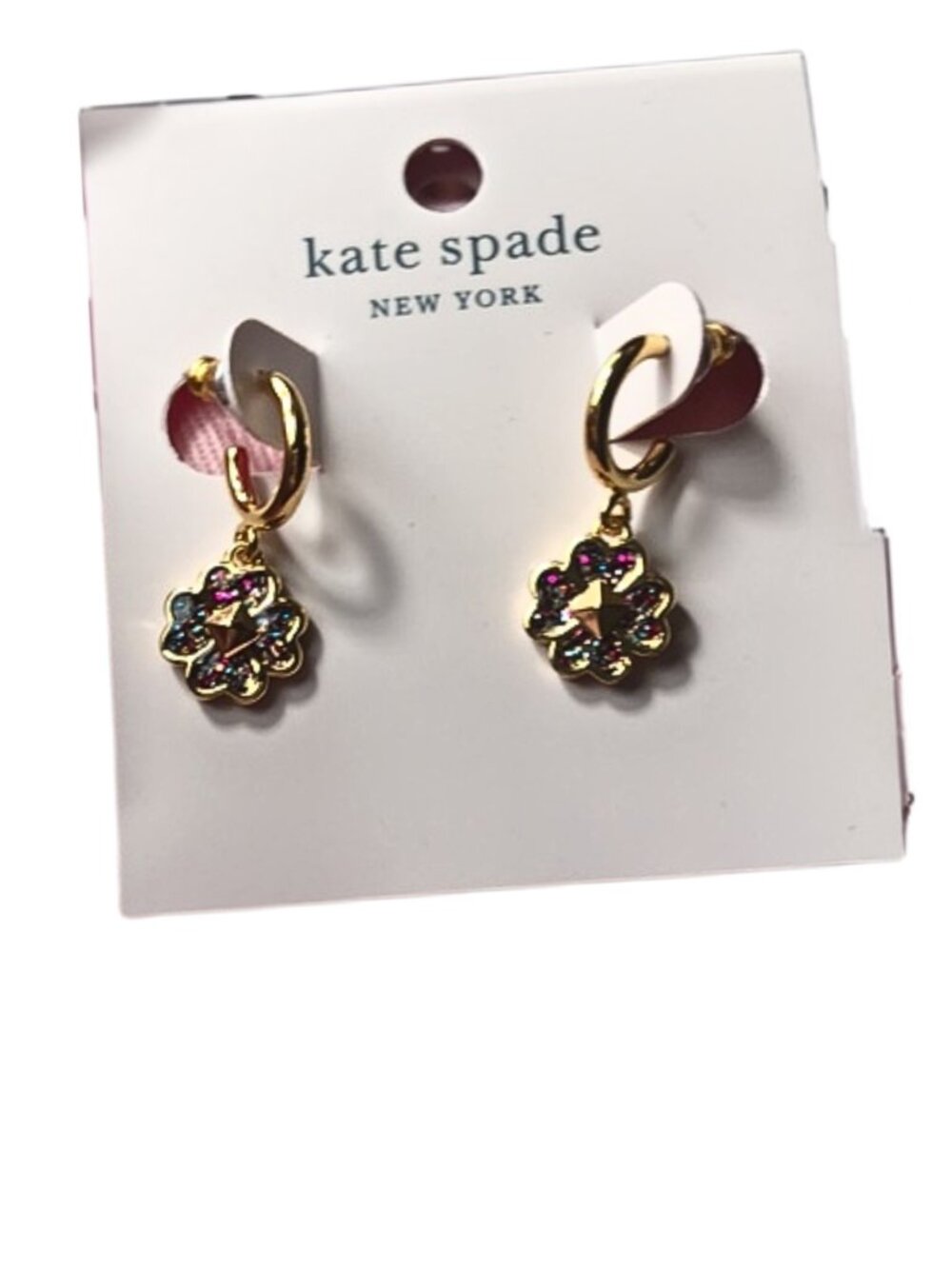KATE SPADE Gold Spades & Studs Glitter Open Hoop Earrings W/KS Pink Dust Bag NWT